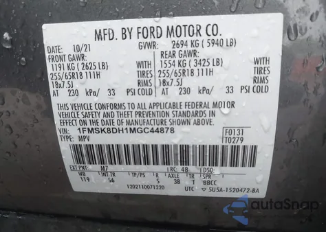 2021 Ford Explorer Xlt from USA, damaged, VIN 1FMSK8DH1MGC44878